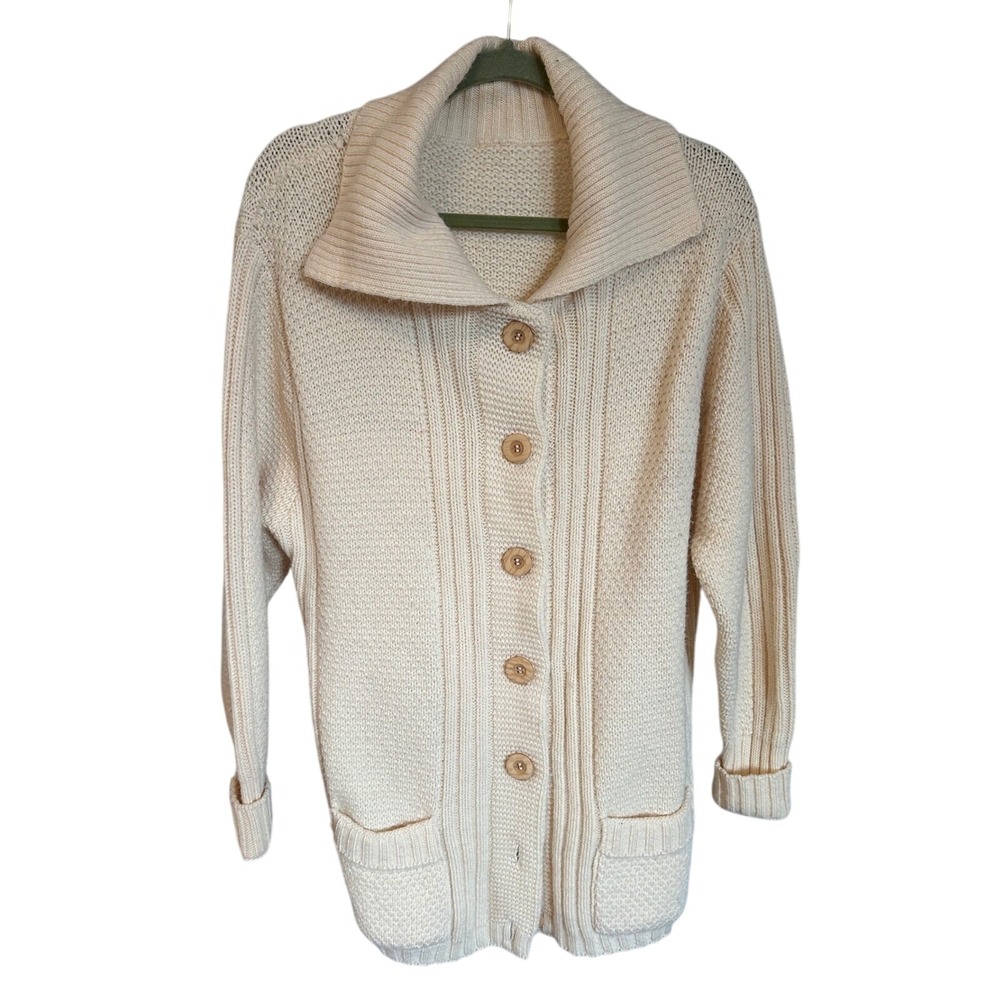 Vintage‎ Cream Chunky Knit Shawl Collar Cardigan Sweater Button Up Ivory Large